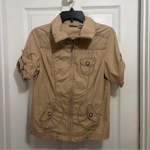 Chico’s Khaki Safari Style Roll-up Sleeve Zip Cotton Jacket